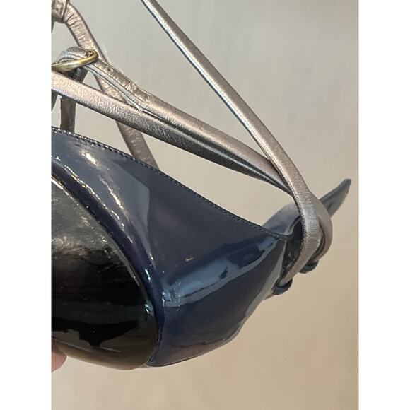 Yves Saint Laurent Rive Gauche Patent Leather Heels Sandals Navy Blue 38.5 YSL - Picture 16 of 16